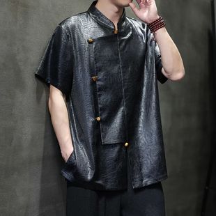 New Chinese Style Tang Suit Men's New Chinese Style Silks and Satins Ice Silk Short-Sleeved Shirt Men's Retro Style Han Dynasty Top Jacket