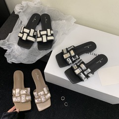 A8~低跟法式編織方頭露趾涼拖鞋女鞋子外穿2024年夏季新款