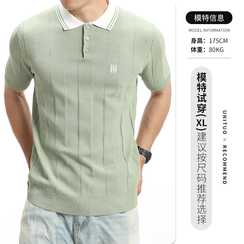 Europa y América transfronterizos de seda de hielo hombre con solapa de punto polo camiseta de verano vieja camiseta de negocios de hombre bordado mangas cortas