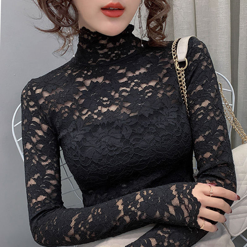 High-Neck Full Lace Bottoming Shirt for Women, Early Autumn New Style Shirt, Mesh Sexy Hollow Inner Top, Small Shirt