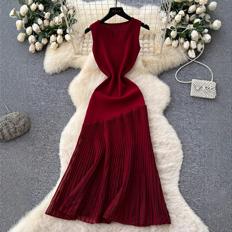 Foreign Trade Classy Knitted Splicing Asymmetric Mesh Dress Summer French Women's Waist-Showing Sleeveless Long Dress