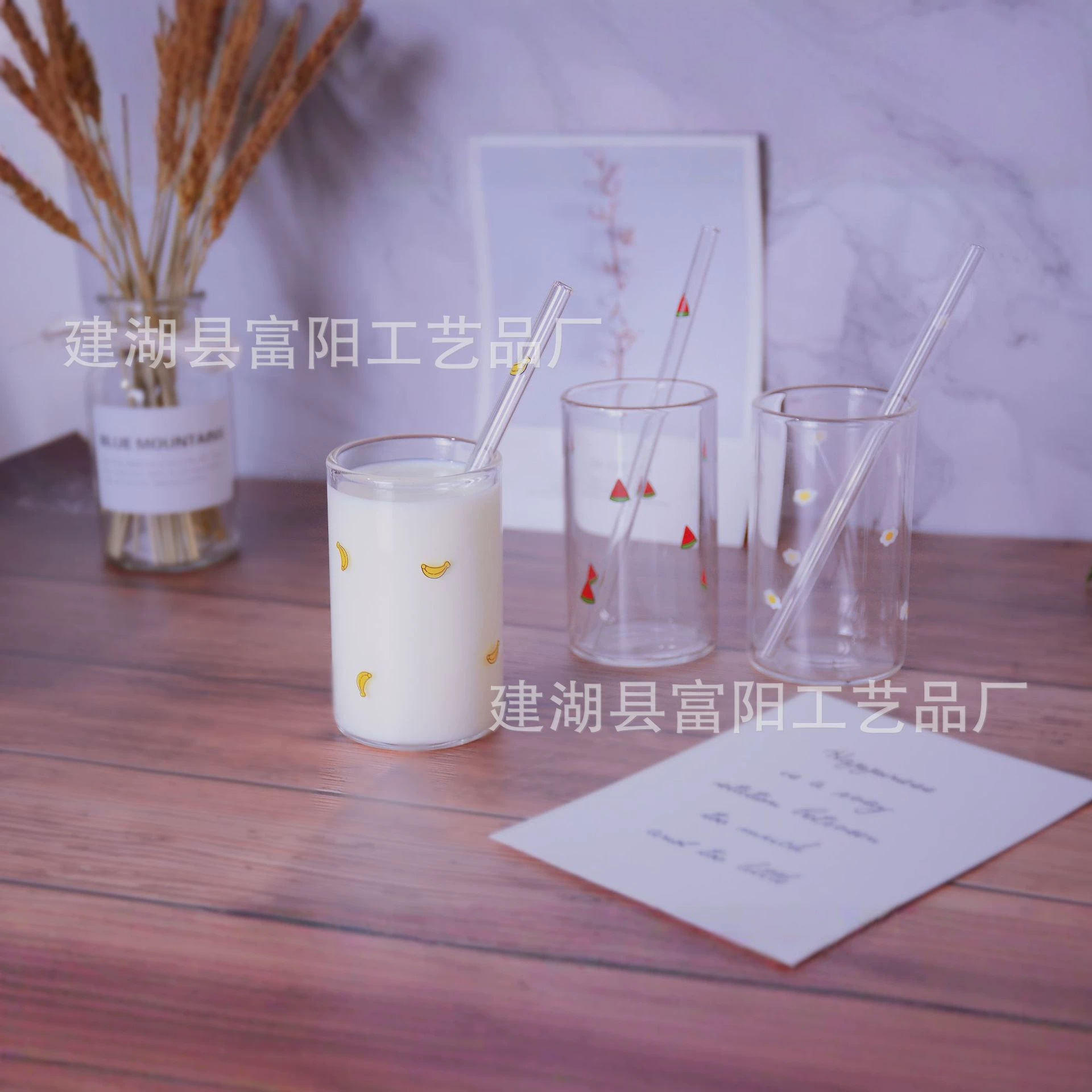 Lindo ins estilo chica corazón calefacción borosilicato resistente al calor transparente fresa impreso leche jugo vidrio paja taza