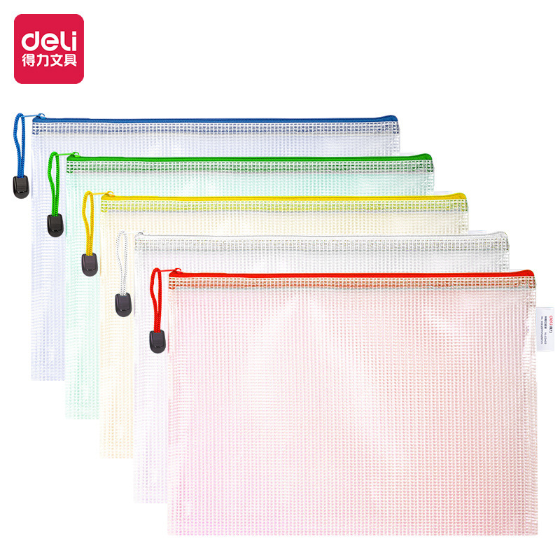 Deli 63469 bolsa de cremallera de malla de color A4 transparente portátil a prueba de estudiante bolsa de almacenamiento de archivos de oficina de papel