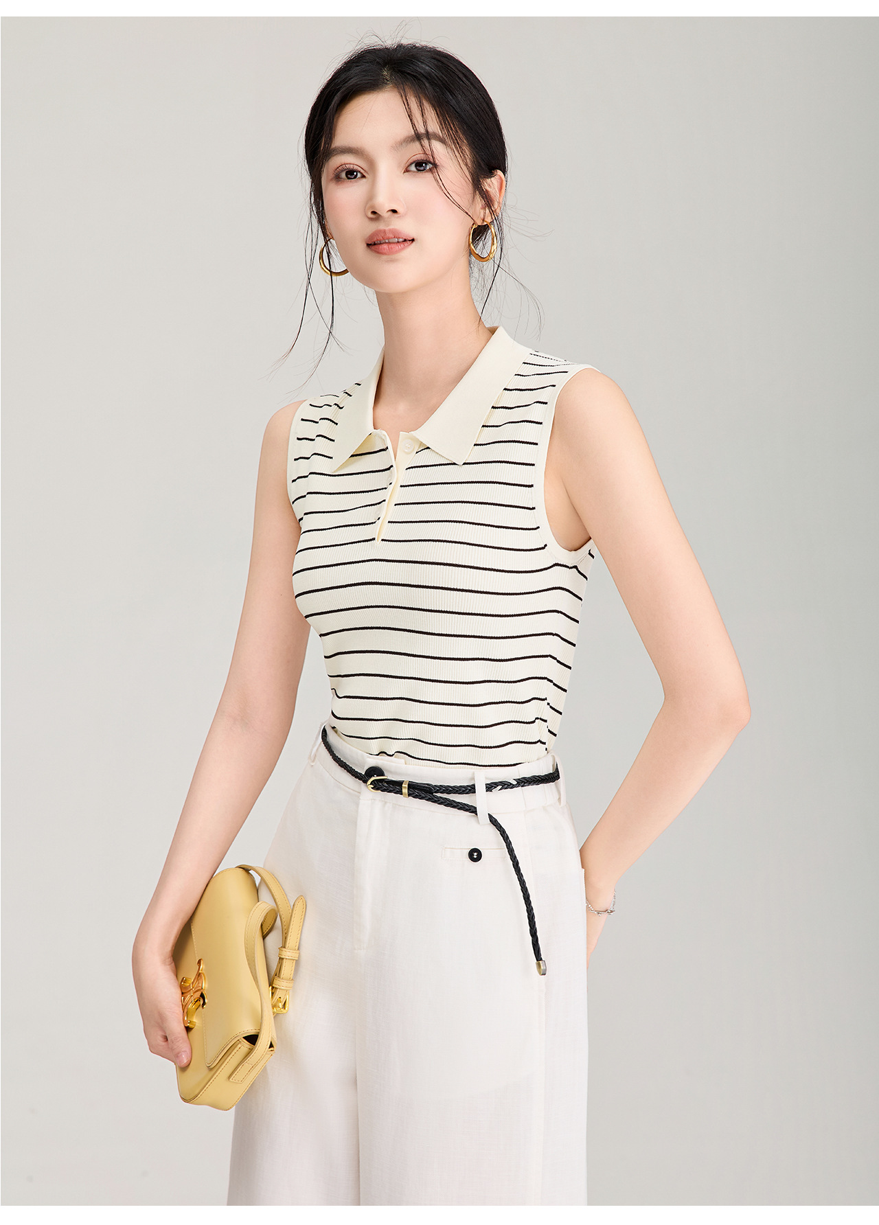 Áo vest dệt kim sợi tơ tằm cổ tròn tay ngắn mùa hè — màu đen chi tiết 16
