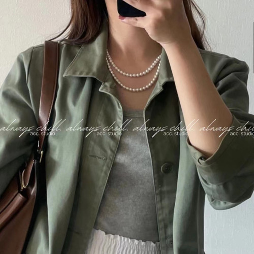 Korean Shijia retro baby pearl necklace simple niche temperament s925 sterling silver ingot buckle pearl sweater chain