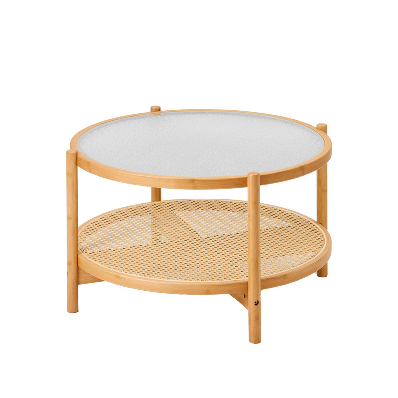 Mesa de centro de vidrio de ratán de madera maciza redonda de estilo japonés, sala de estar, hogar, apartamento pequeño, sofá minimalista moderno, mesa de té pequeña