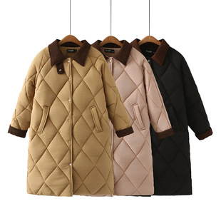 Cotton-padded jacket long plus size lapel autumn and winter New 2023 cotton-padded coat chubby girl over the knee Diamond plaid cotton-padded jacket coat 649