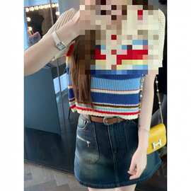 夏季撞色时尚靓丽设计感针织衫女款2025新款百搭娃娃脸爆款上衣女