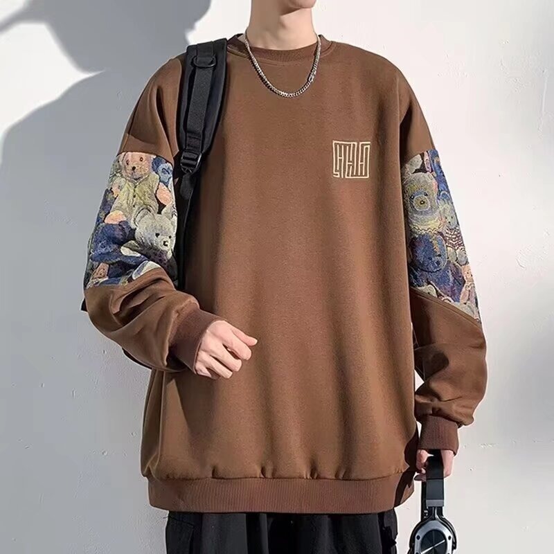 拼接宽松大码圆领卫衣男款春秋季胖子潮流刺绣加肥加大上衣服|undefined