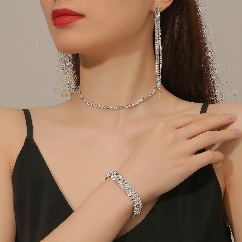 银色-三件套(一排颈链+三排手环+三排耳环)-十银色系列 水