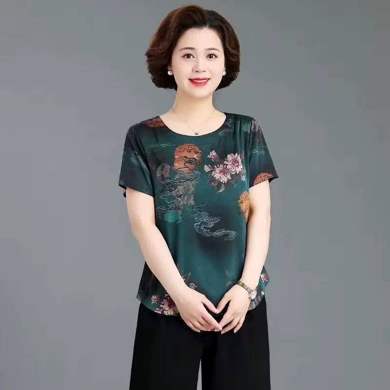 Silk summer clothing for mother, sleeves, summer set, with short sleeve, western style