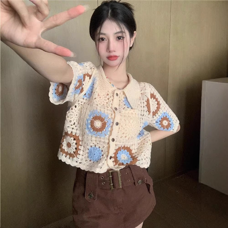 Summer Women's Short-sleeved Cardigan Knitted Jacket Gentle Style Advanced Design Sense Thin Chic Base Top T-shirt