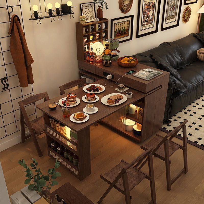 Island Dining Table Integrated with Rotatable Small-Sized Retractable Bar, Mid-Century Style Sideboard, Sofa Side Cabinet, Silk Flower Universal