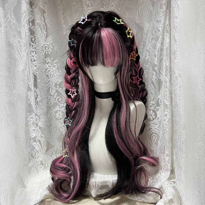 Xuchang Wig Female-Subculture Black Highlighted Pink Curly Hair Lolita Long Curly Hair Cos Full Headgear