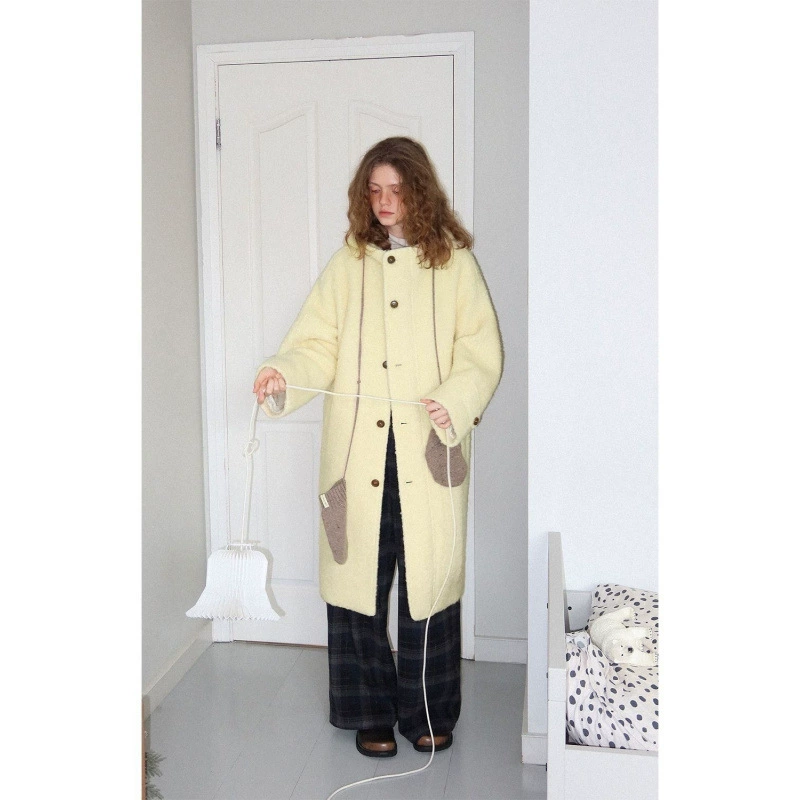 Retro woolen warm demi-season coat with hood, jacket