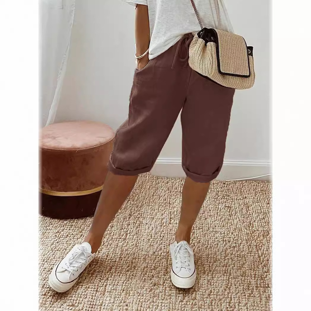 Women's Cotton Linen Casual Pants With Pockets Elastic Waist Five Point Khaki Style_ecoleips.com