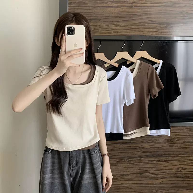 杏色修身显瘦假两件短袖T恤女2025春夏新款欧货设计感上衣打底衫