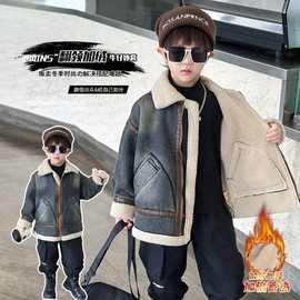 男童秋冬装羊羔绒加绒牛仔外套2025新款冬季中小儿童装一体绒上衣