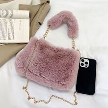 秋冬毛绒包包新款包包女小众链条斜挎包时尚小方包毛毛包黑色米色