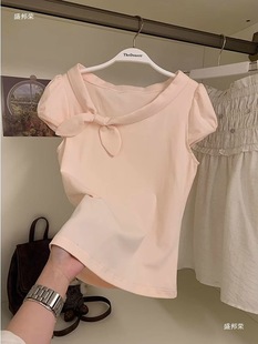 Korean Pink Sweet Bow Design Short-Sleeved T-Shirt for Women in Summer Slimming Look and Beautiful Short Top