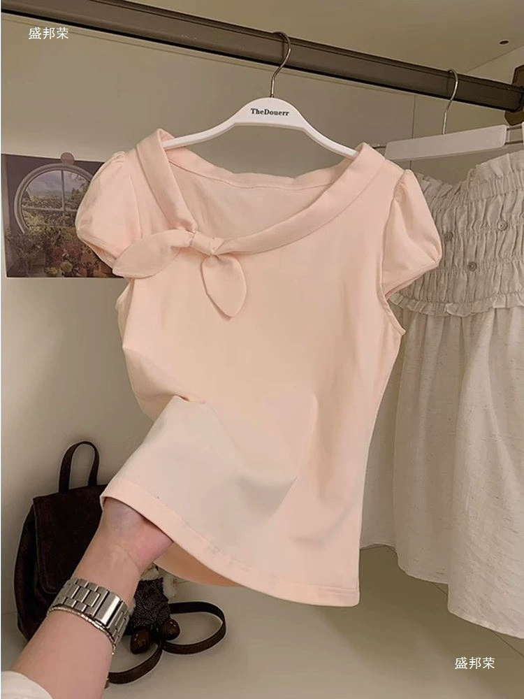 Корейская розовая футболка с короткими рукавами и милым бантом для женщин, летняя футболка для похудения и красивый короткий топ