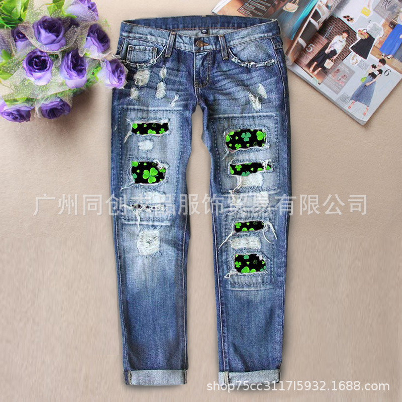 2023 factory direct European and American cross-border new fashion new hole clover printed straight tube women's jeans