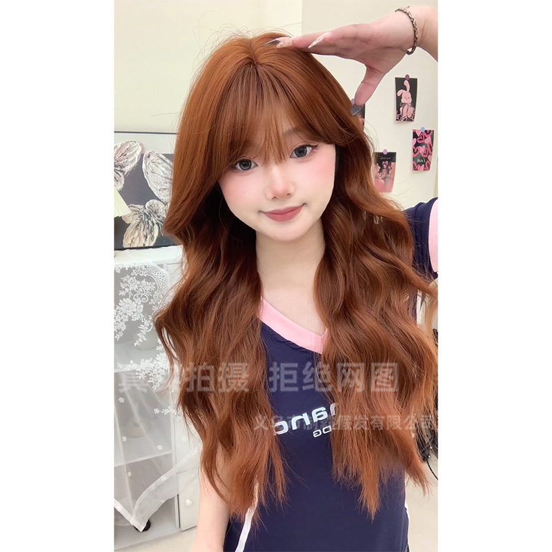 Bully Wig Women's Long Hair Fashionable Internet Celebrant Dirty Orange Curly Hair Natural Air Bangs Long Curly Hair Full Head Cover Full Top