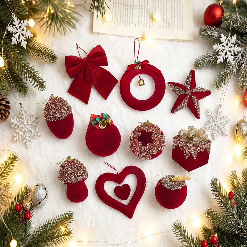 Wine Red Velvet Christmas Ornament Set with Glitter, Irregular-Shaped Balls, Christmas Tree Hanging Decorations, Holiday Decoration Gift Box Accessories Wine Red Velvet Christmas Ornament Set with Glitter, Irregular-Shaped Balls, Christmas Tree Hanging Decorations, Holiday Decoration Gift Box Accessories
