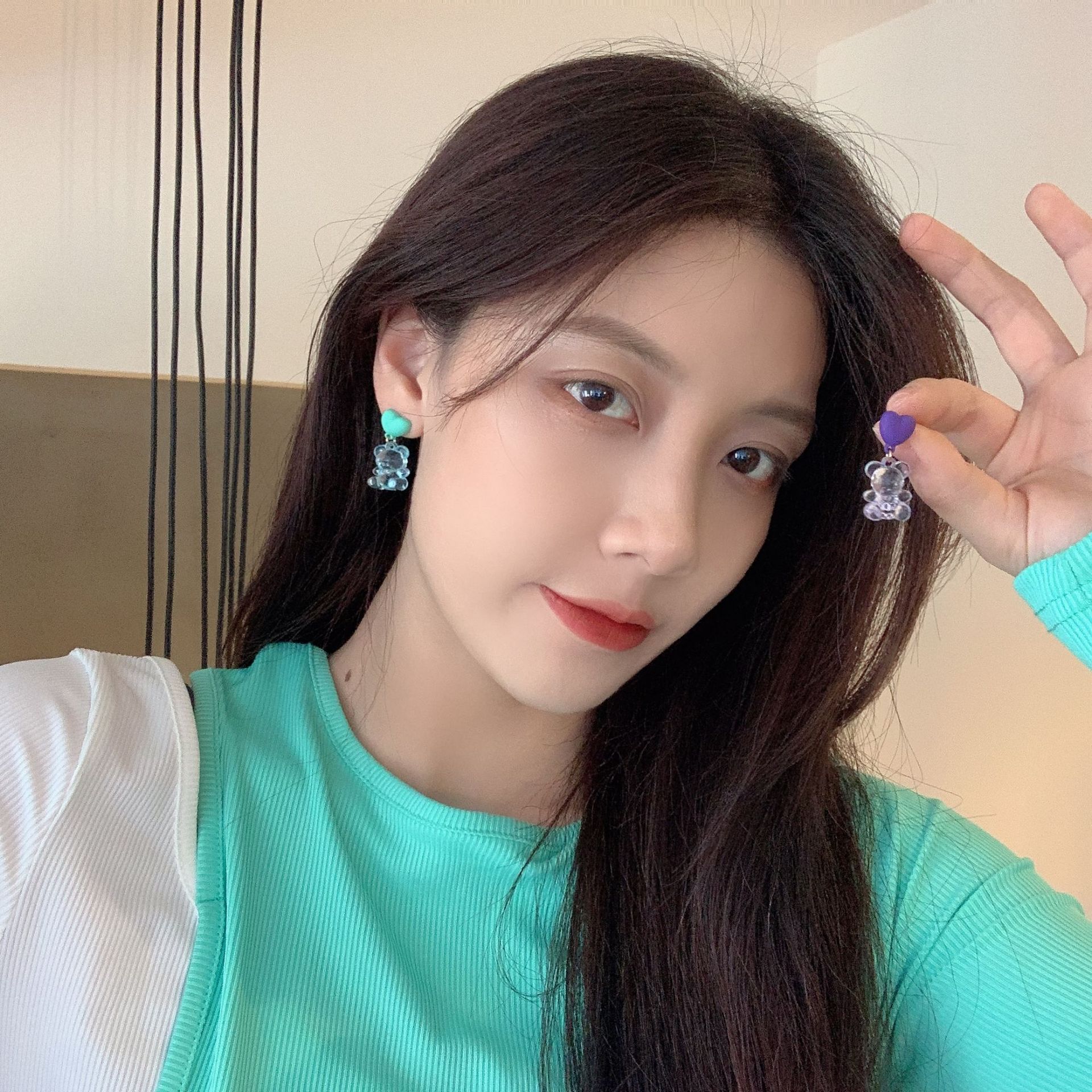 S925銀針韓國透明小熊耳環 彩色愛心透明耳環少女風小熊彩色耳環