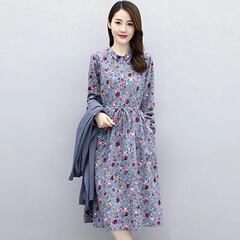 綿とリネンのドレス女性のための春と秋の新しい韓国スタイルの人形の襟年齢を減らすファッション花柄スカート長袖気質膝上スカート