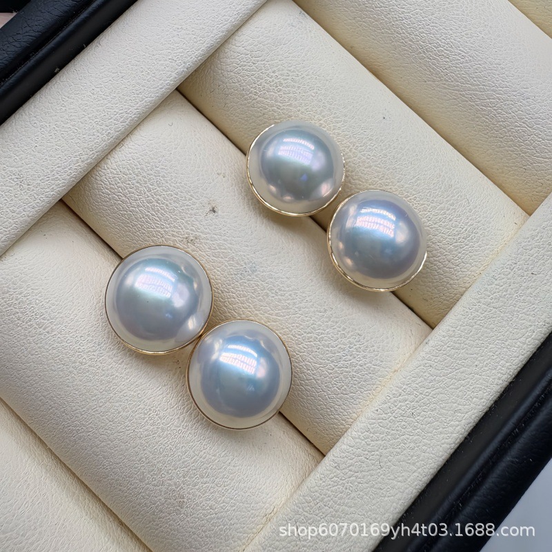 11-12mm马贝珍珠G18K马贝珍珠耳钉厚金耳针珠光白净皮光细腻