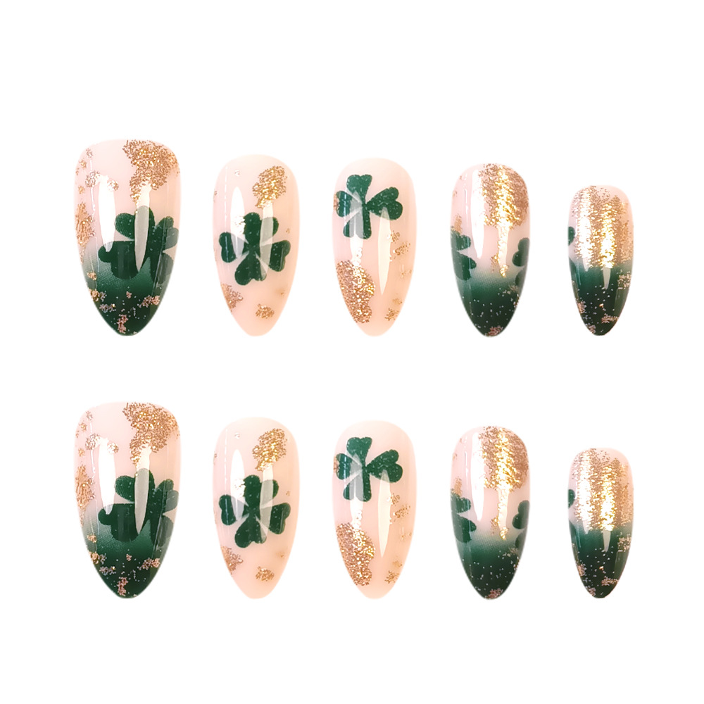 Día de San Patricio para usar uñas polvo de oro brillante de uñas, 24 piezas de uñas falsas al por mayor