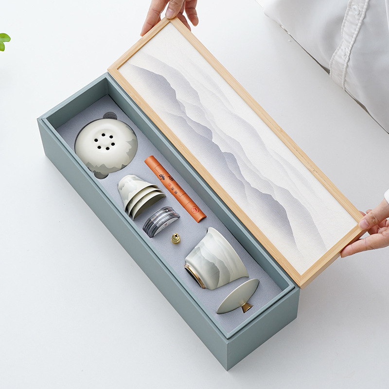 Cultural & Creative Herbal Ash Yuyan Kung Fu Tea Set – Miniature Ceramic Office Teapot, Teacup, and Covered Bowl Gift Set