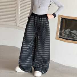 条纹阔腿裤女童宽松垂坠感休闲裤高腰松弛风长裤初中生春秋装裤子
