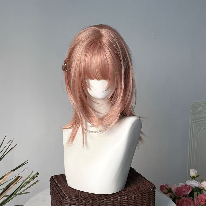 【Sweet Cool Wolf Tail】High-Layered Fog Pink Synthetic Wig for Women, Summer Mullet Style Short Hair Full Wig