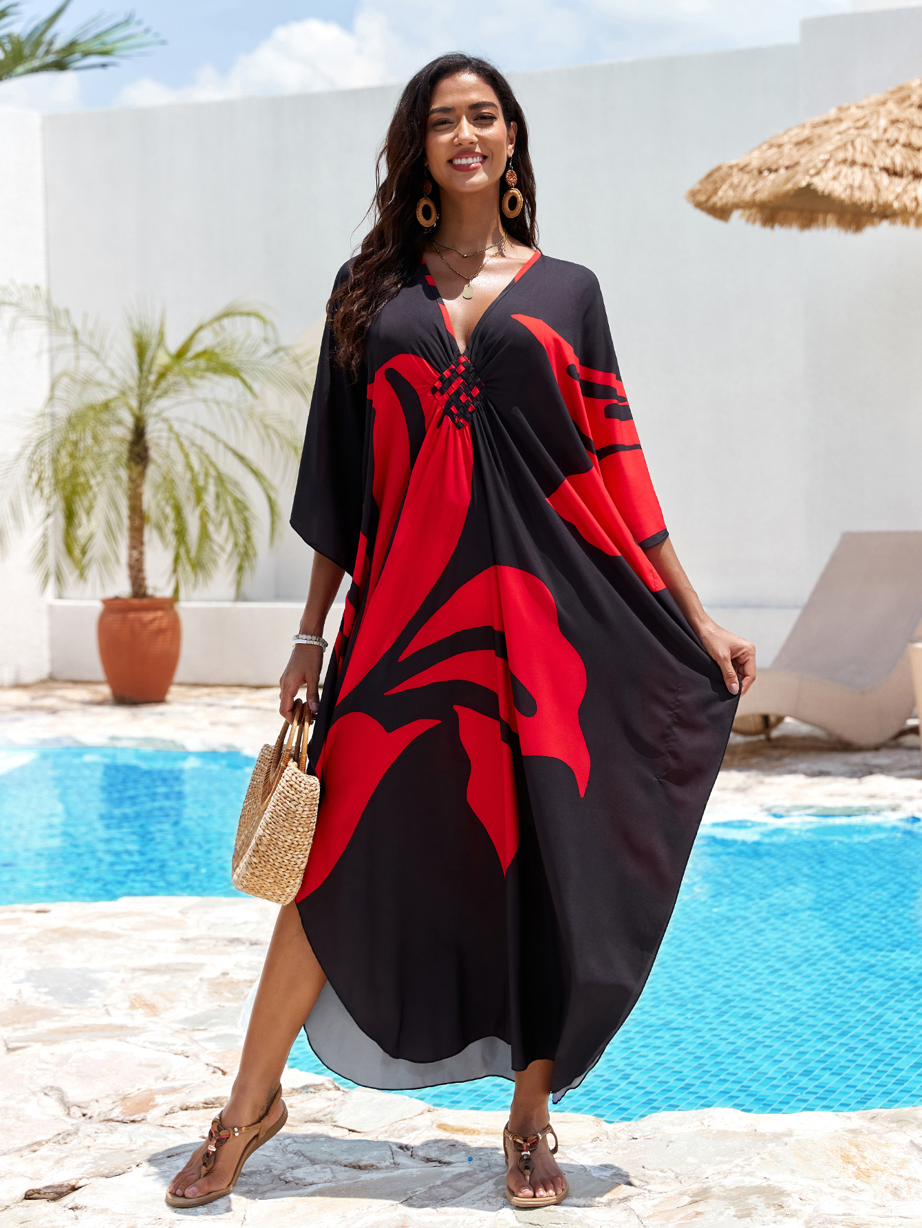 Nuevo posicionamiento de Europa y América impresa playa blusa tejida a mano V-collar vestido de vacaciones vestido largo 31 colores