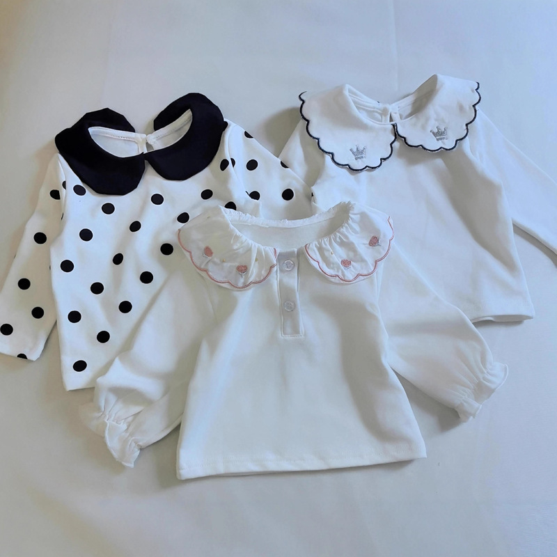 Korean Style New Spring & Fall Kidsren's Clothing Girls' Polka Dot Embroidered Lace Collar Long-Sleeved Shirt with Polo Top
