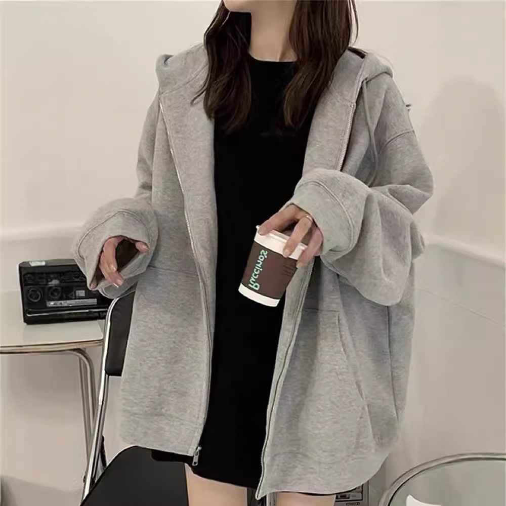 Autumn and Winter Cross-Border Direct Sales Zipper Cardigan Hooded Sweatshirt Women's Sports and Leisure Solid Color European and American Trendy High Street Jacket