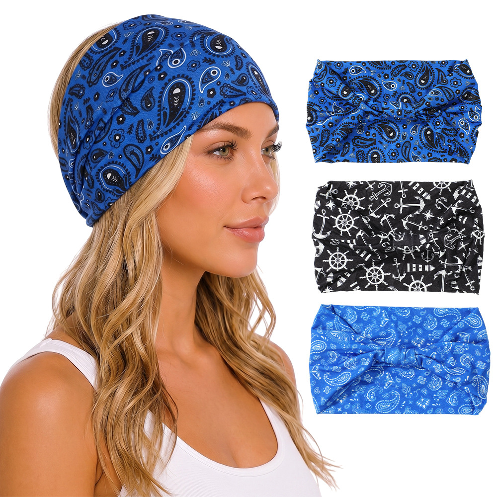Cashew Flower Nautical Style Twist Wide Headband with Retro Print, High Elasticity Hairband, Cross-Border Sports and Face-Washing Dual-Use Hair Accessory