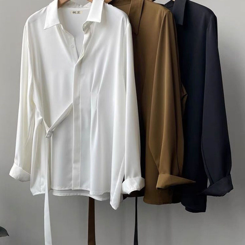 Side Lace-Up Draped Shirt for Women 2025 Spring and Autum Lazy Style French Shirt Design Niche Long-Sleeved Shirt