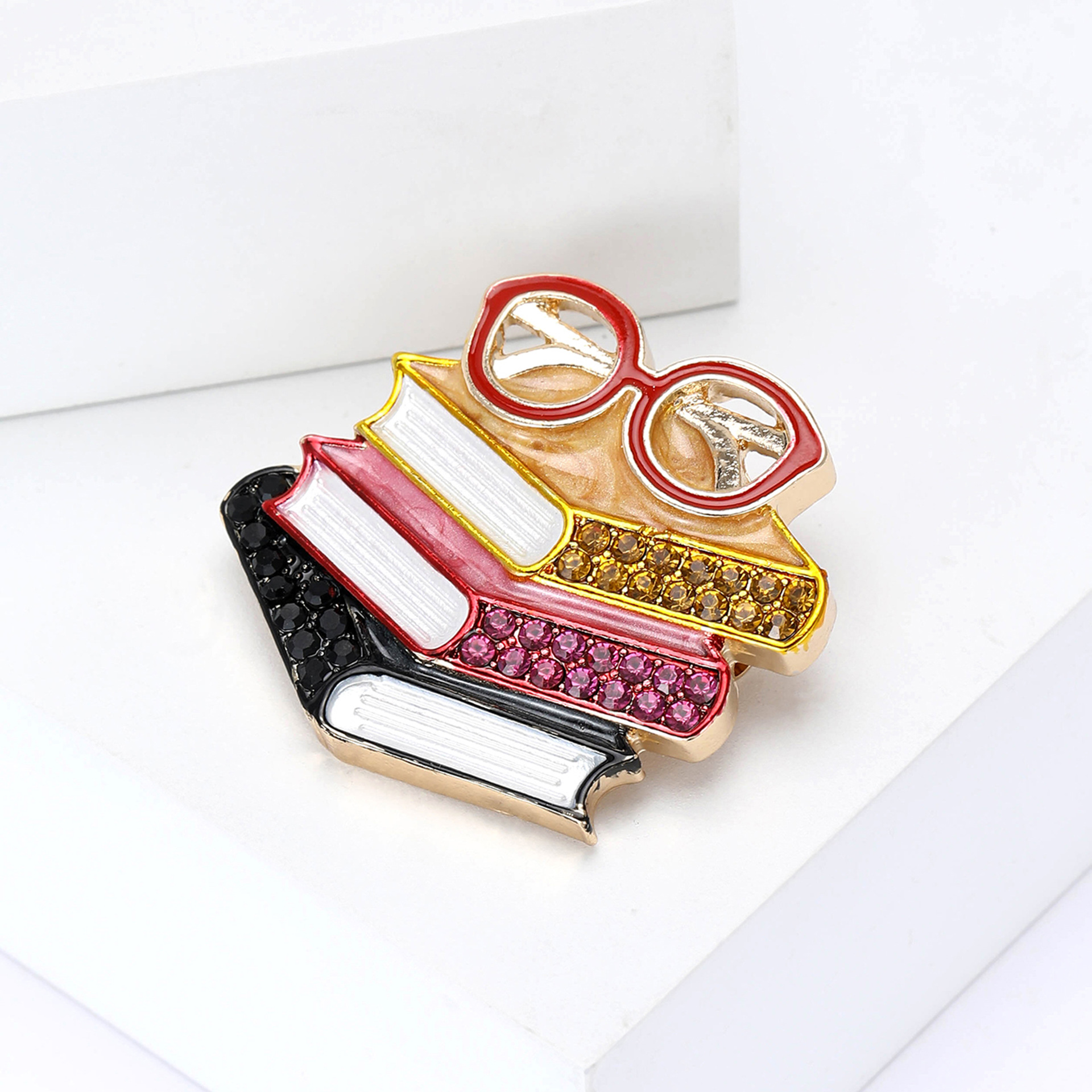European and American New Enamel Rhinestone Three-Book Glasses-Shaped Brooch Exquisite Men's and Women's Clothing Corsage Jewelry Pin
