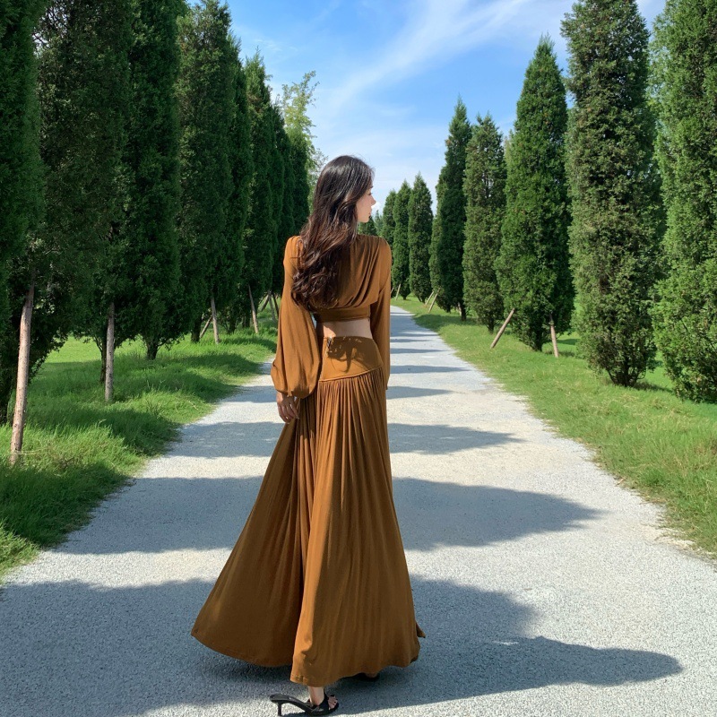 高级感套装宽松气质长袖T恤上衣女秋季高腰半身裙开叉裙子两件套|undefined
