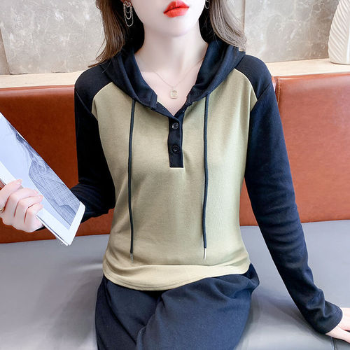 Stylish Color Block Hooded Base Layer Sweatshirt Women's Winter Sweatshirt 2025 New Design Long Sleeve T-Shirt Short Top