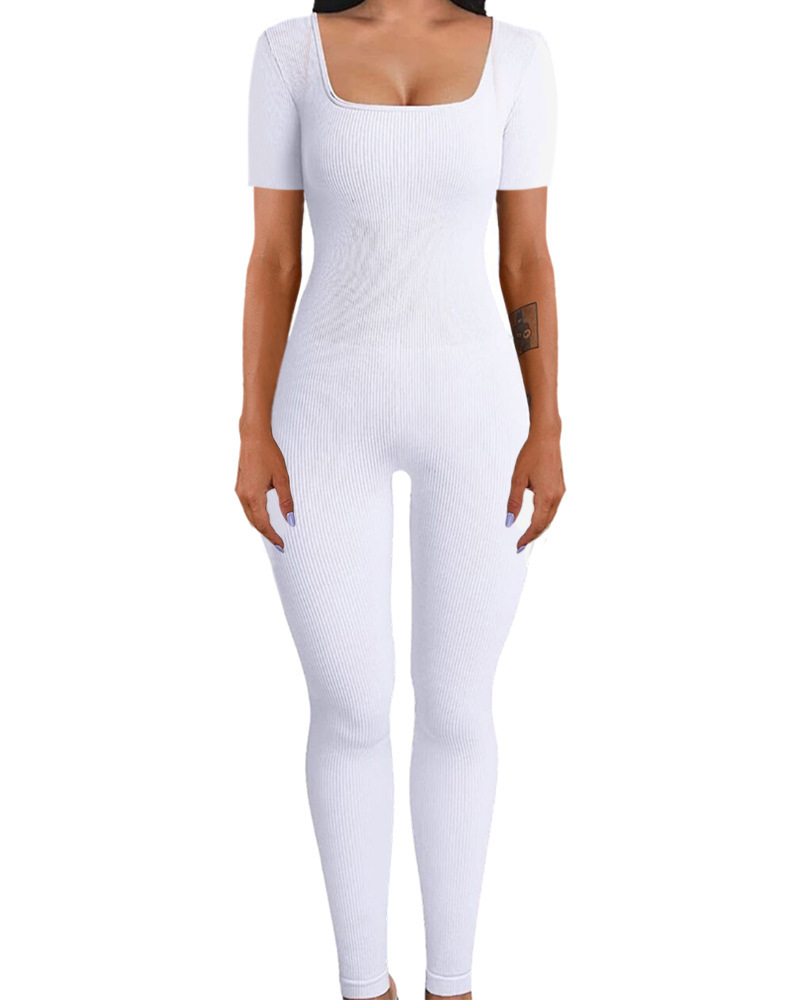 Women's Tight Jumpsuit Sexy Square Neck Solid Colour Hip Lifting_voghion.com