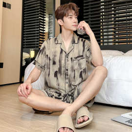 2025睡衣男夏季冰丝薄款短袖短裤印花大码高级感可外穿家居服套装