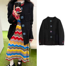 高版本定~制25秋冬新款彩色纽扣小圆领夹克复古精致小香风外套女