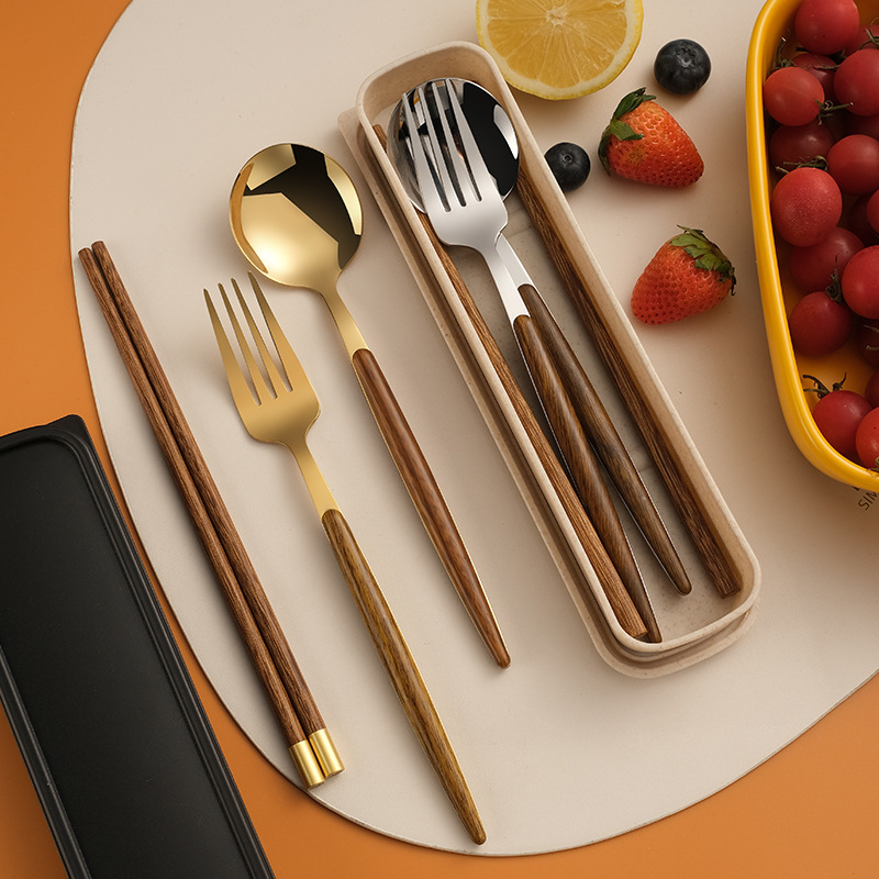 Stainless Steel Student Portable Tableware Set Creative Imitation Wood Portuguese Spoon Fork Chicken Wings Wood Chopsticks Three-piece Set