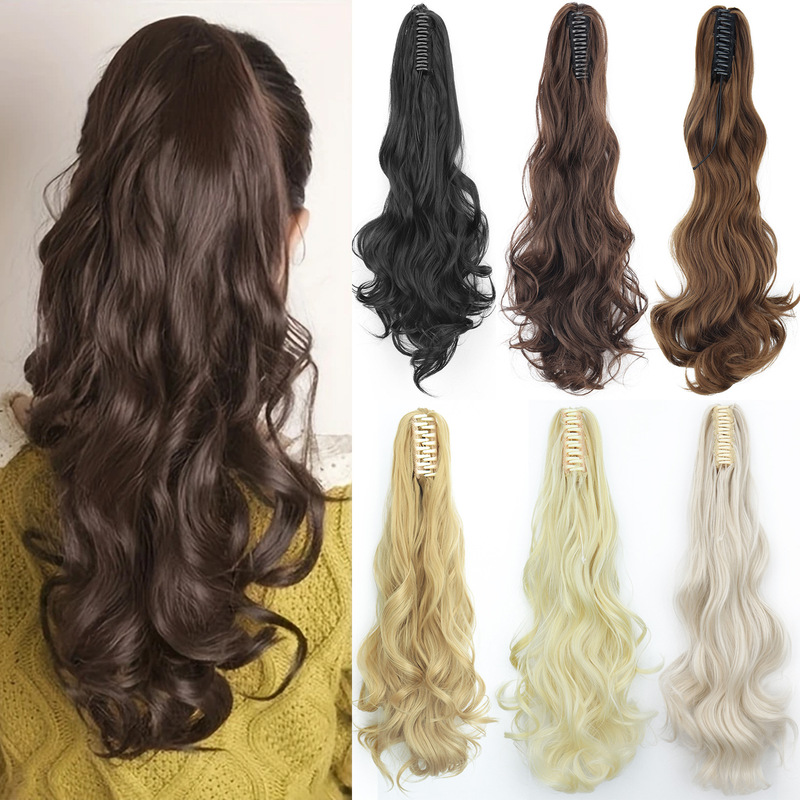 24inch ロングカーリーポニーテール高温繊維女性ビッグウェーブカーリーヘアグリップクリップポニーテールエクステンション|undefined