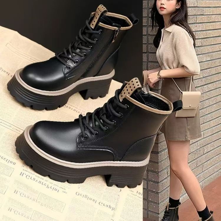 Black Inner Height-Increasing Boots for Women, Thick-Soled Platform Heels, Soft Leather Side Zippers, British Style Short Boots for Small People