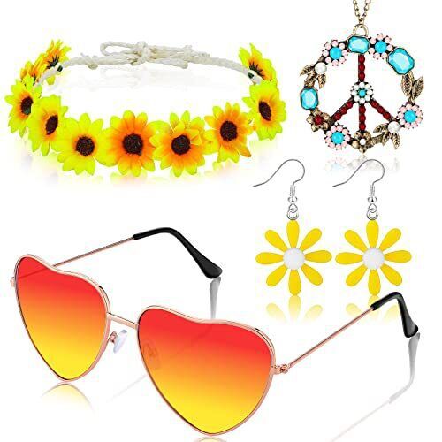 Accesorios de vestir hippies de la década de 1960, diadema de girasol, gafas redondas, conjunto de aretes de collar de talismán de paz